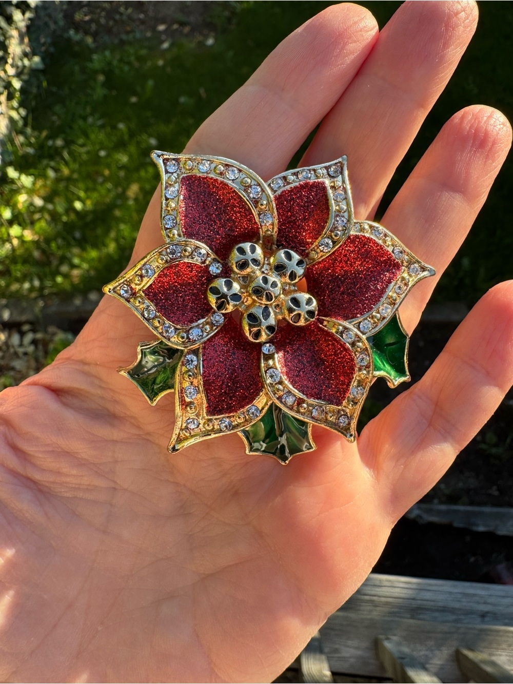 Vintage Red and Green Poinsettia Crystal Brooch - Women's Jewelry